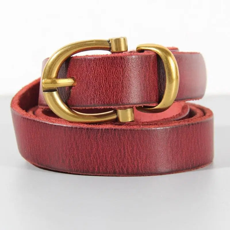 Red leather belt with brass buckle from Stylish Leather Belts collection
