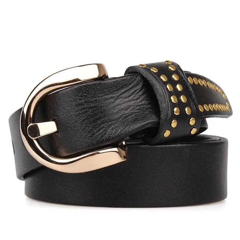 Black leather belt with gold buckle and studs from Assorted Studded Leather Belts with Gold Accents