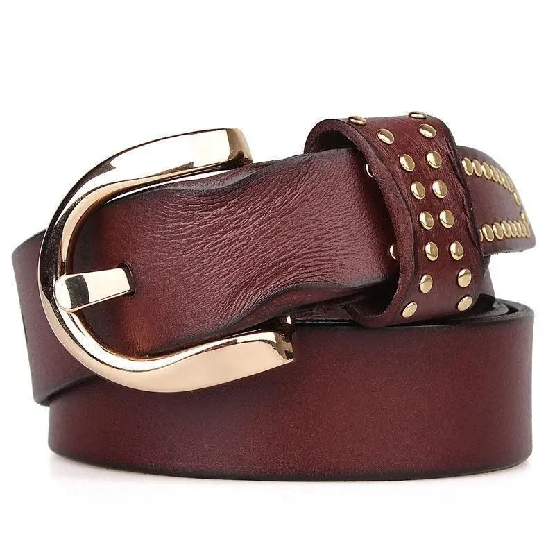 Brown leather belt with gold buckle and studs from Assorted Studded Leather Belts with Gold Accents