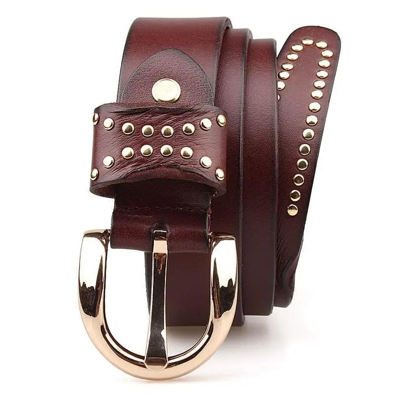 Brown leather belt with gold studs and buckle from Assorted Studded Leather Belts with Gold Accents