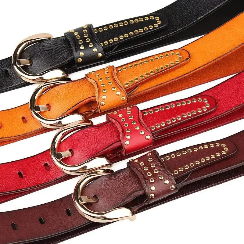 Assorted studded leather belts with gold accents displayed in a product image