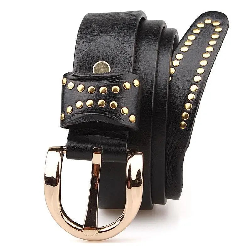 Black leather belt with gold studs and buckle from Assorted Studded Leather Belts with Gold Accents
