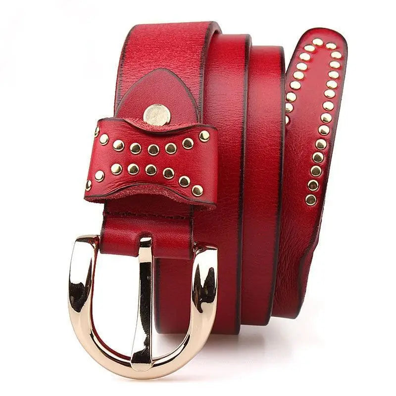 Red leather belt with gold studs from Assorted Studded Leather Belts with Gold Accents