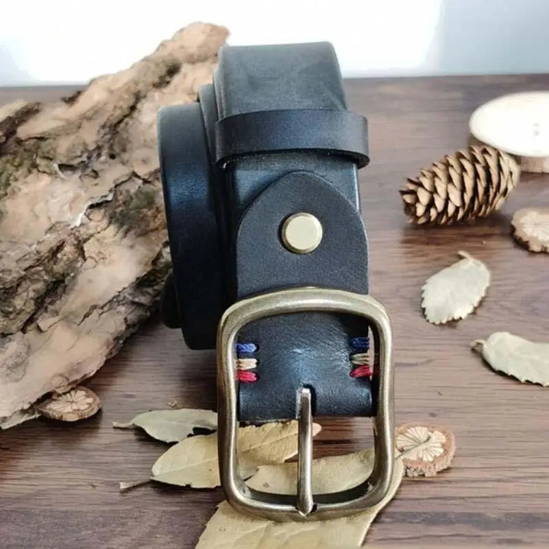 Rolled black leather belt with brass buckle from Assorted Brown Leather Belts collection