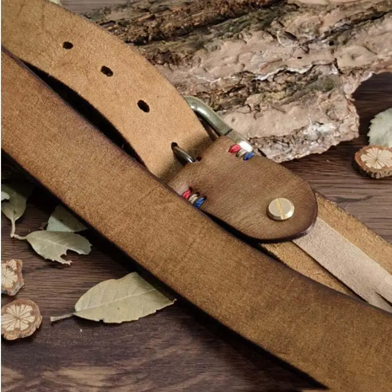 Brown leather belt with colorful stitching and brass buckle from Assorted Brown Leather Belts collection