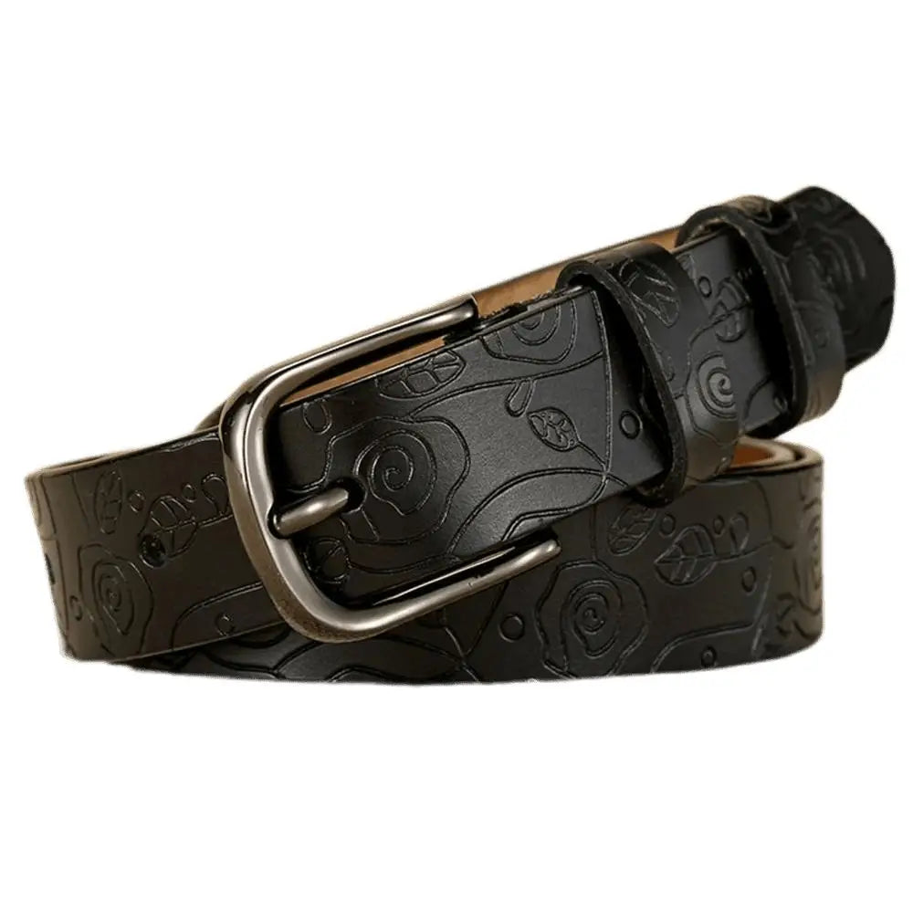 Black leather belt with floral embossing from Venunia Leather Belt collection