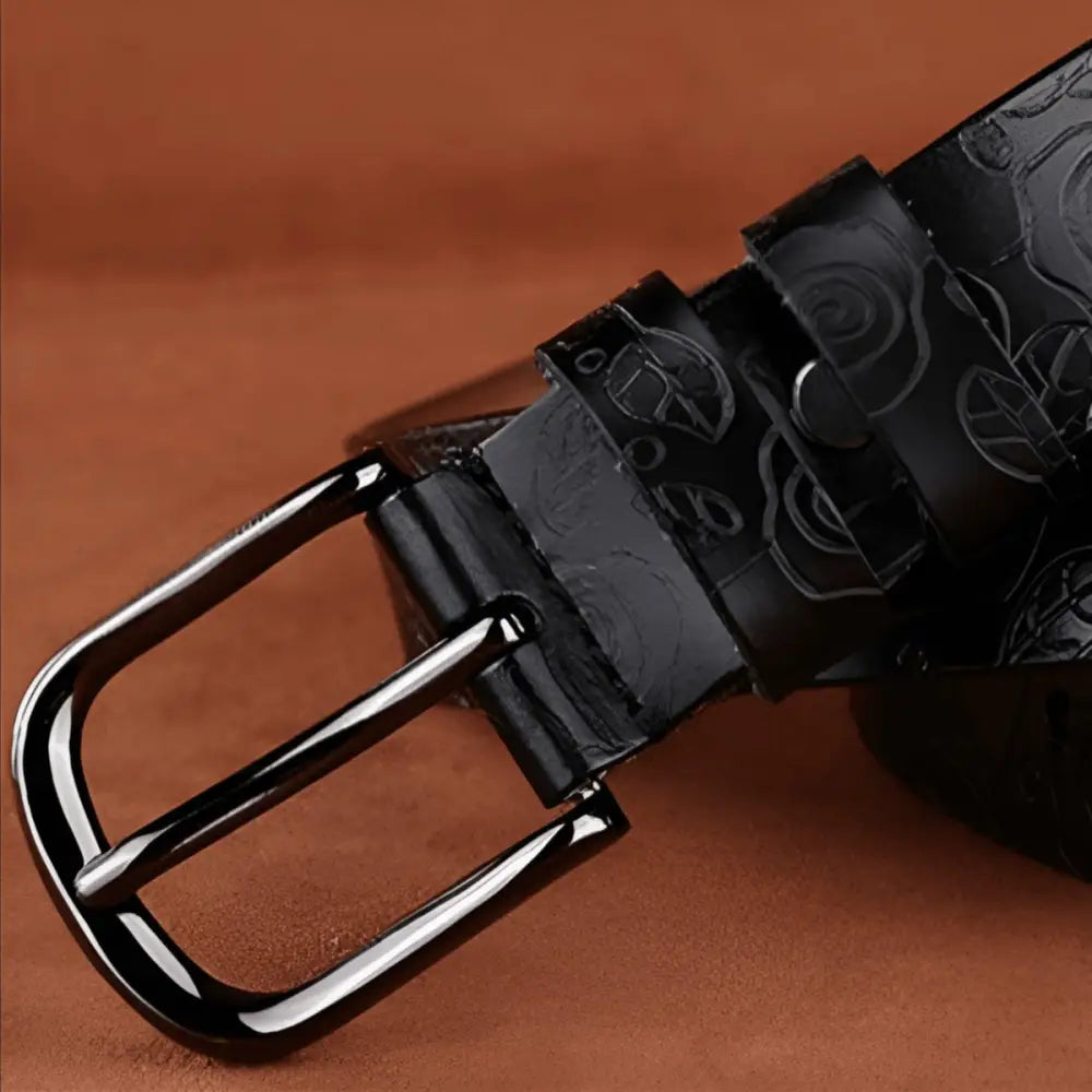 Black leather belt with floral pattern and shiny metal buckle for Venunia Leather Belt with Floral Pattern