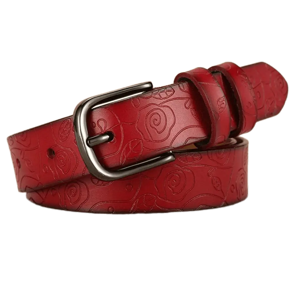Red leather belt with floral pattern, Venunia Leather Belt with Floral Pattern for stylish wear