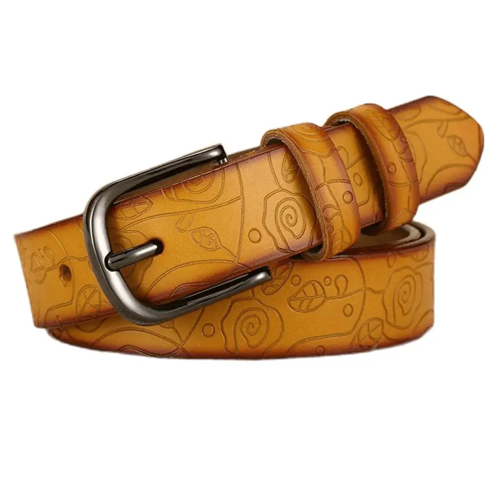 Embossed leather belt with metal buckle from Venunia Leather Belt with Floral Pattern