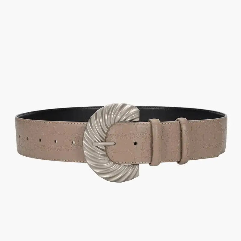 Taupe leather belt with silver buckle from Brown Leather Belt with Silver Buckle and Sherpa Vest Accessory