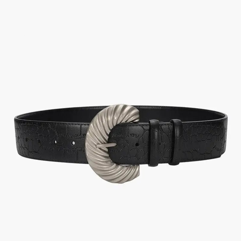 Black leather belt with silver buckle from Brown Leather Belt with Silver Buckle and Sherpa Vest Accessory