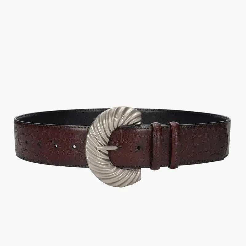 Brown leather belt with silver buckle accessory for Sherpa vest styling