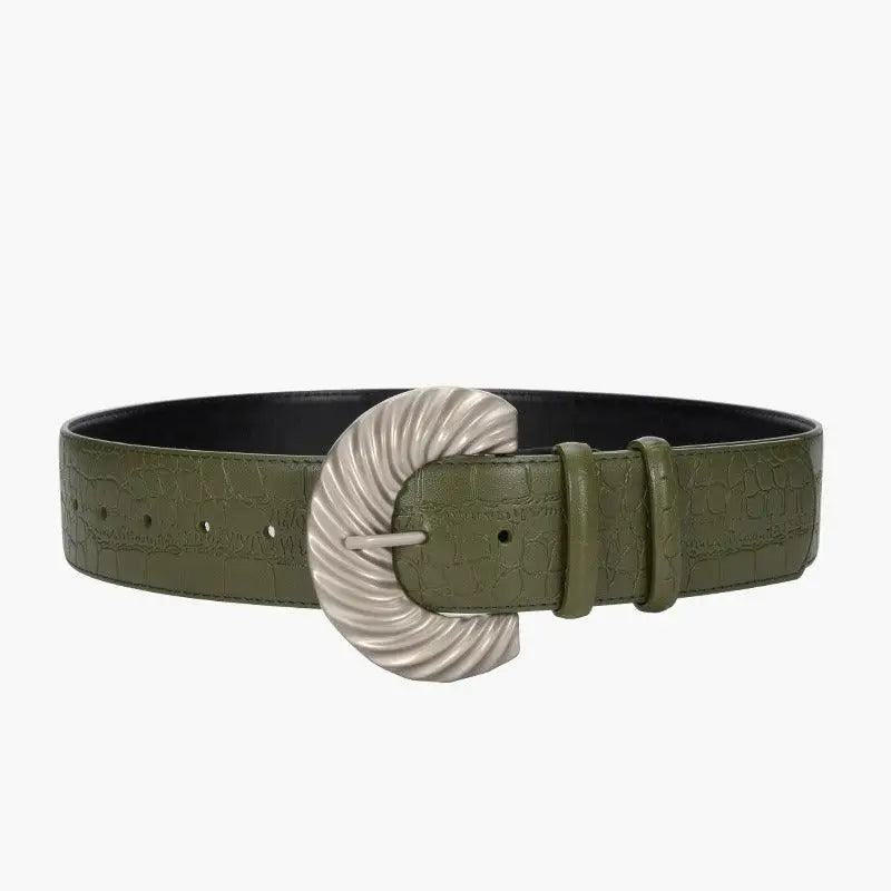 Green leather belt with silver buckle accessory for Brown Leather Belt with Silver Buckle and Sherpa Vest
