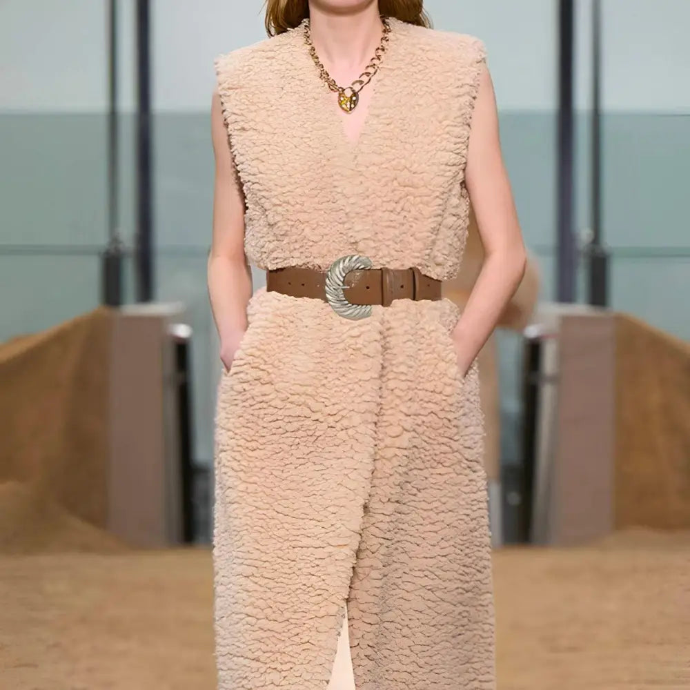 Beige sherpa vest paired with a brown leather belt with silver buckle accessory