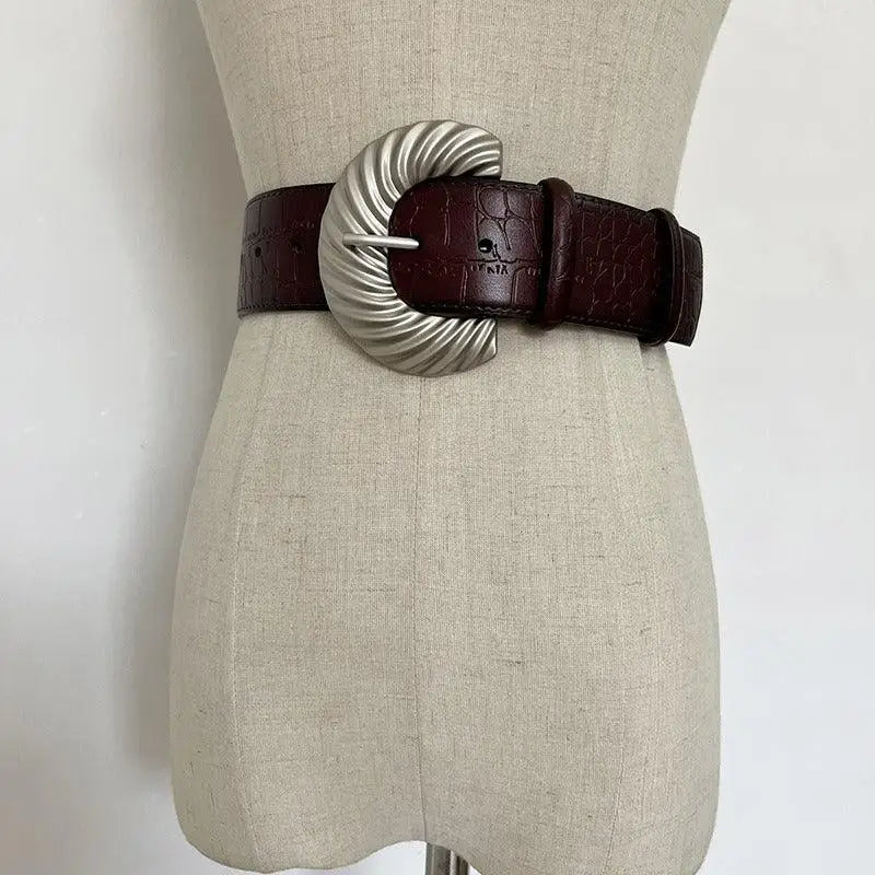 Brown leather belt with silver buckle accessory for Sherpa vest styling