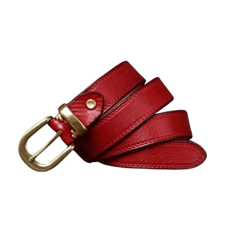 Red leather belt with gold buckle from Vishal Leather Belt Collection, a distinguished accessory