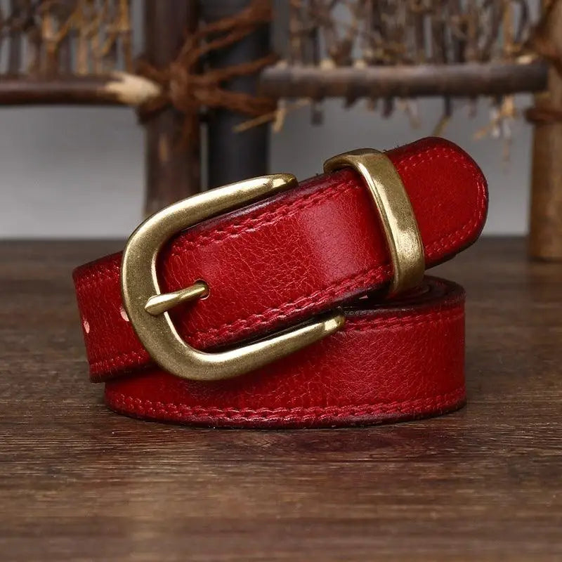 Red leather belt with brass buckle from Vishal Leather Belt Collection