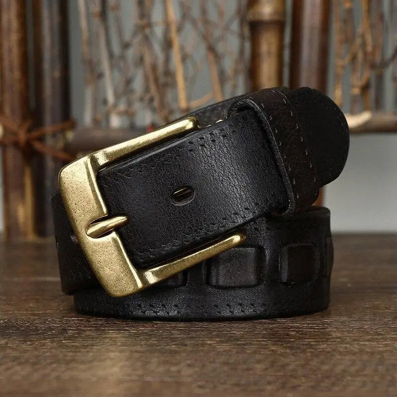 Full-grain leather belt with brass buckle showcasing superior craftsmanship