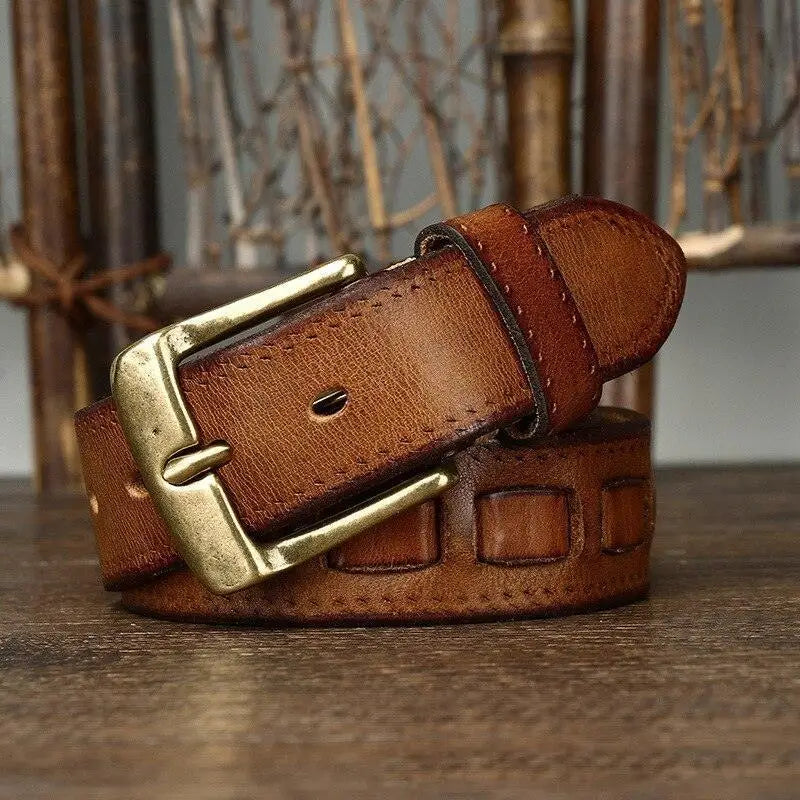Full-grain leather belt with brass buckle showcasing superior craftsmanship