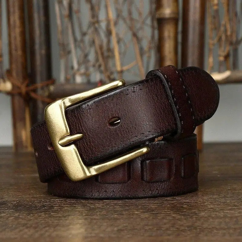 Full-grain leather belt with brass buckle showcasing superior craftsmanship