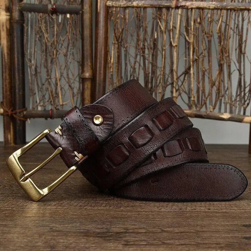Full-grain leather belt with brass buckle showcasing superior craftsmanship