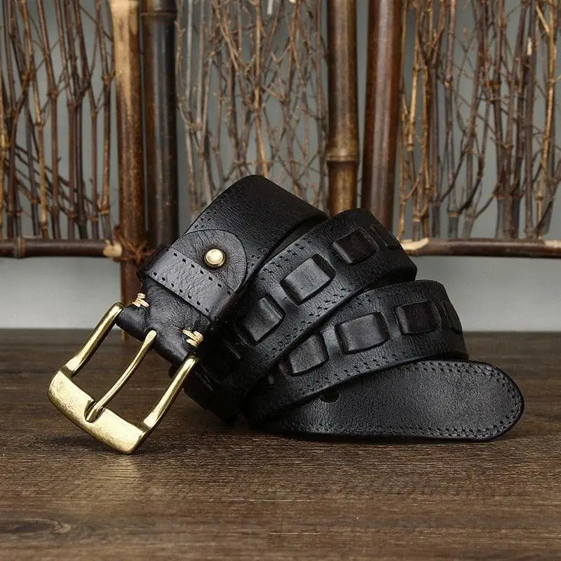 Full-grain leather belt with gold buckle showcasing superior craftsmanship
