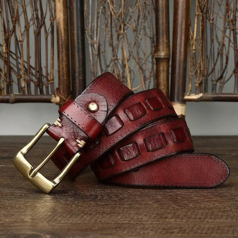 Maroon full-grain leather belt with gold buckle showcasing superior craftsmanship
