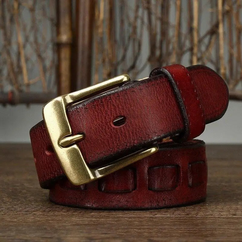 Maroon full-grain leather belt with brass buckle showcasing superior craftsmanship