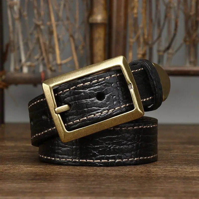 Black Avainia Leather Belt with Brass Buckle for Men and Women