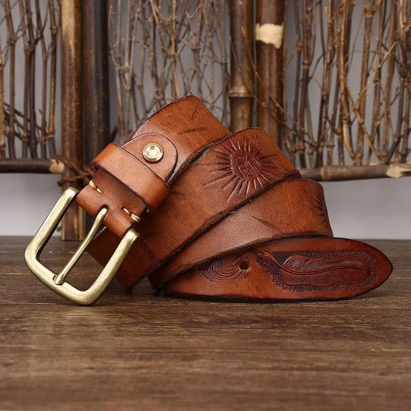 Deepak Model leather belt with embossed designs and brass buckle for stylish wear