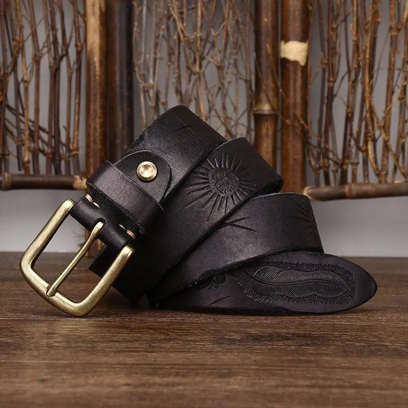Deepak Model embossed black leather belt with brass buckle for stylish wear