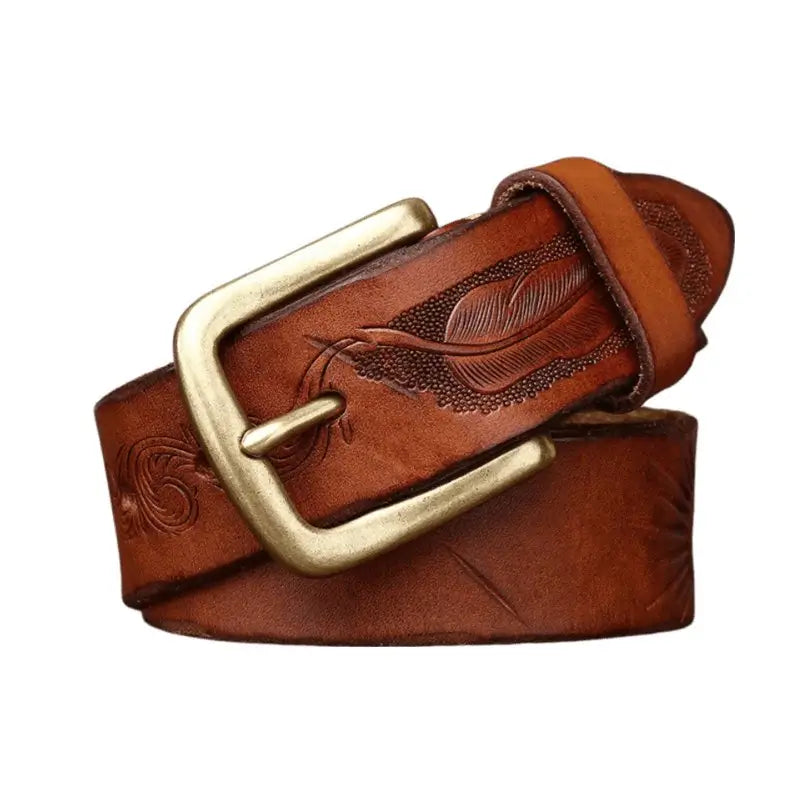 Deepak Model leather belt with feather design and brass buckle for stylish wear