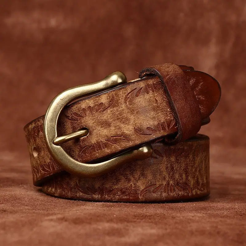 Embossed brown leather belt with brass buckle from Meera Model Leather Belts collection