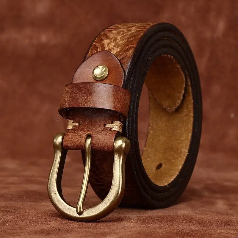 Meera Model Leather Belt with Brass Buckle, stylish brown leather accessory