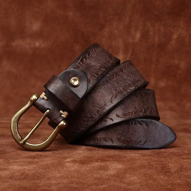 Embossed brown leather belt with brass buckle from Meera Model Leather Belts collection