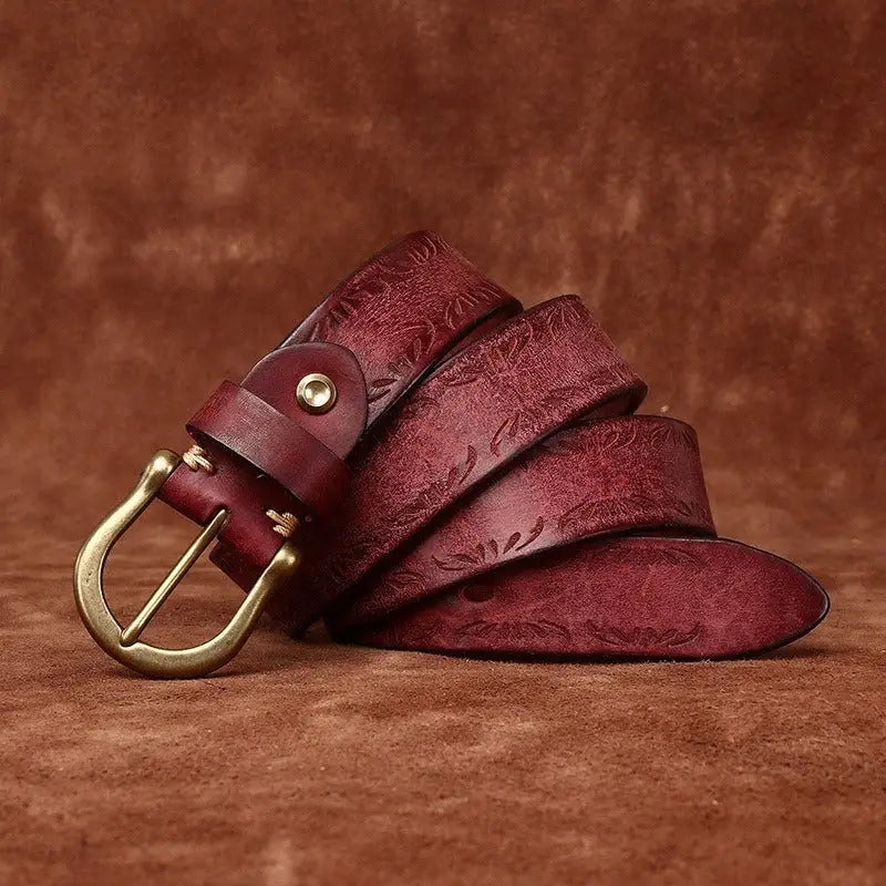 Meera Model Leather Belt with floral pattern and brass buckle for elegant style