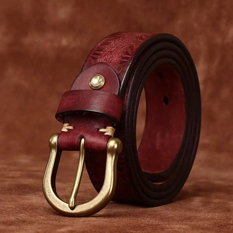Meera Model Leather Belt with Brass Buckle showcasing Burgundy leather craftsmanship