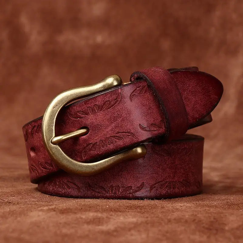 Meera Model Leather Belt with Brass Buckle showcasing authentic Burgundy leather design