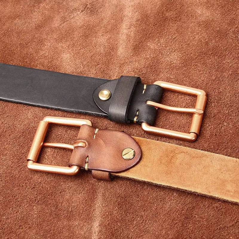 Nisha Leather Belt with Copper Buckle showcasing two leather belts with metal buckles