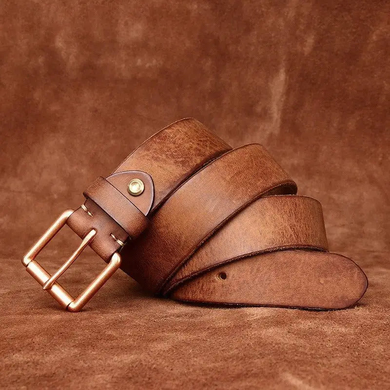 Nisha Leather Belt with Copper Buckle for Elegant Style featuring a brown leather belt and metal buckle