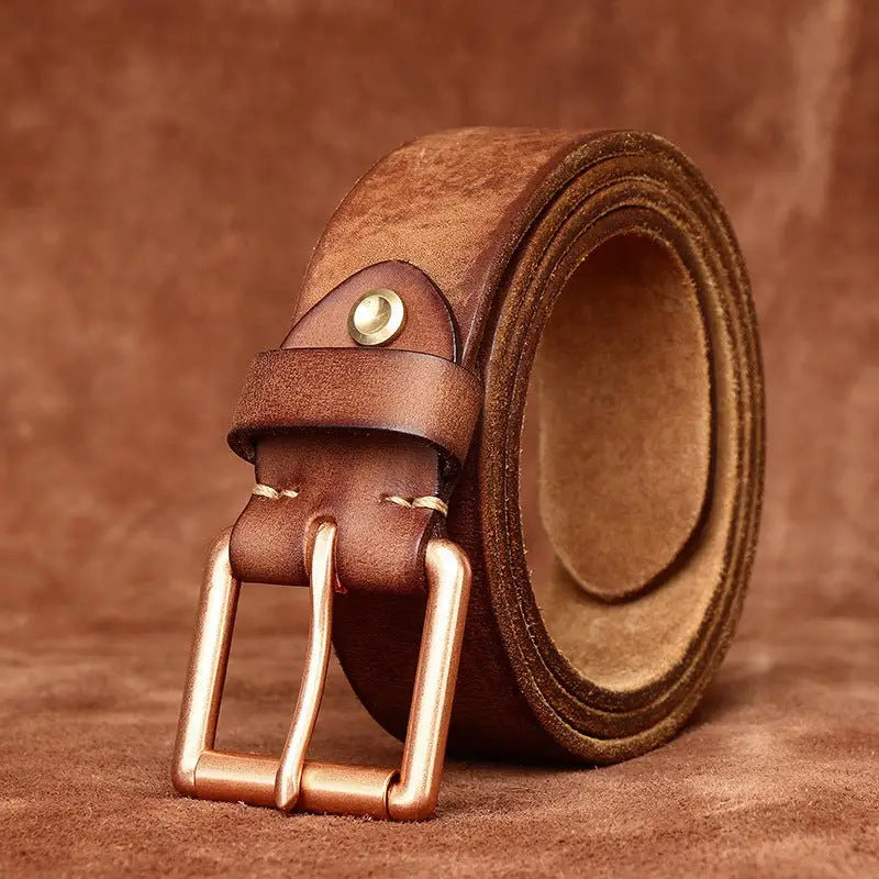 Nisha Leather Belt with Copper Buckle for Elegant Style, rolled brown leather belt