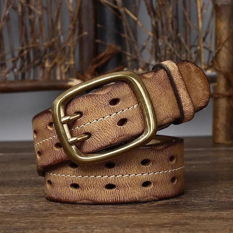 Distressed pekhrari leather belt with brass buckle in black and brown styles
