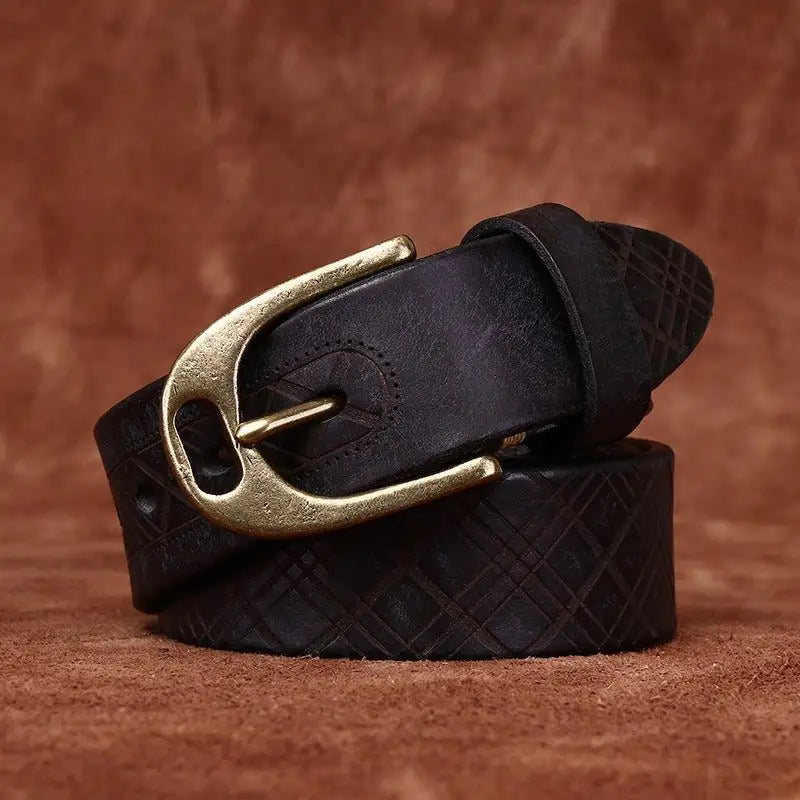 Black leather belt with brass buckle from Assorted Embossed Leather Belts collection