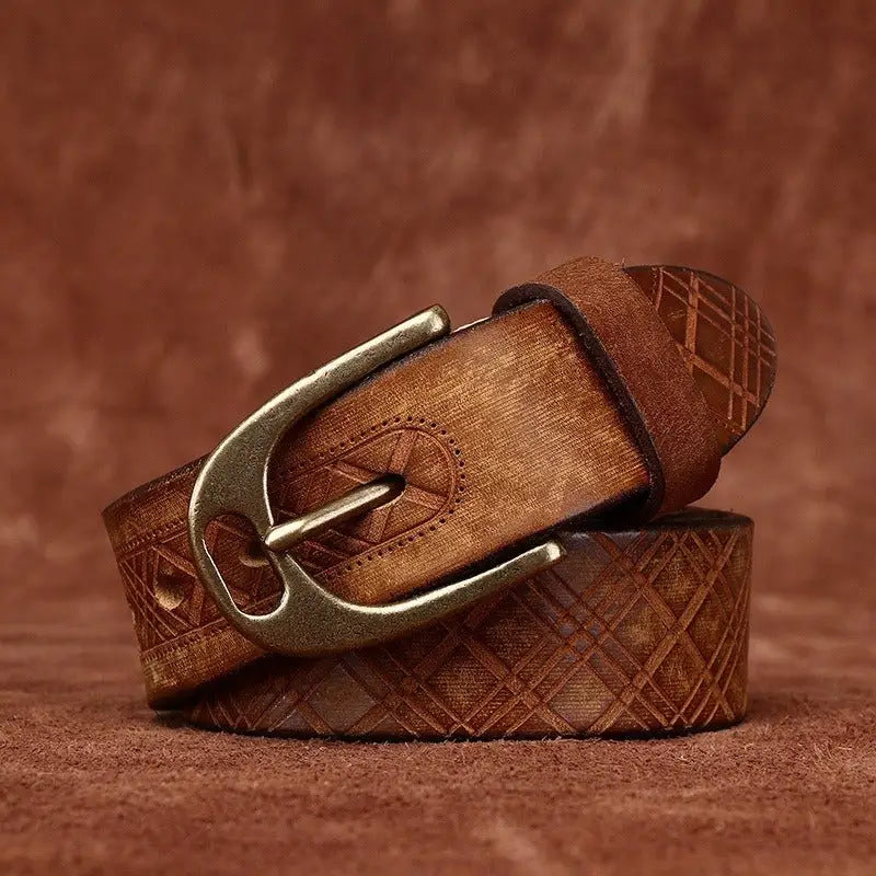 Assorted Embossed Leather Belts with Brass Buckles featuring a brown leather belt and metal buckle