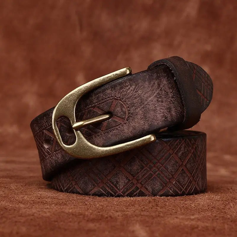Brown leather belt with brass buckle from Assorted Embossed Leather Belts collection