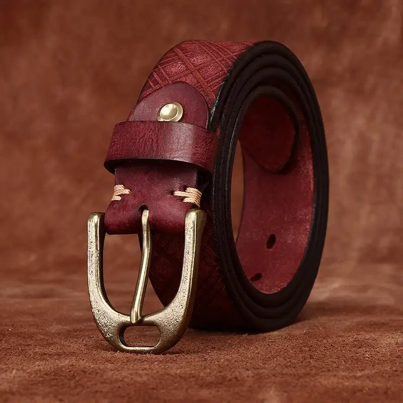 Assorted embossed Burgundy leather belt with brass buckle for stylish accessories