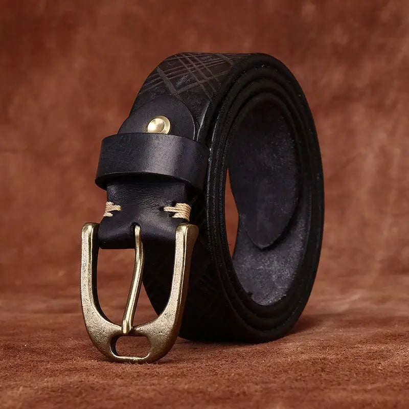 Black leather belt with brass buckle from Assorted Embossed Leather Belts collection