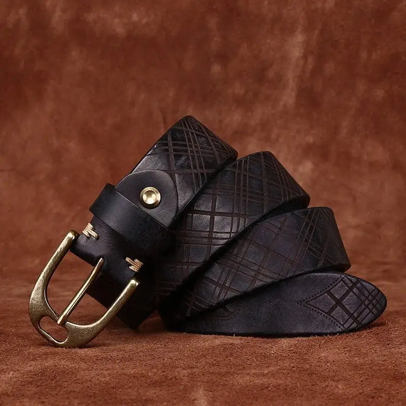 Black embossed leather belt with a brass buckle from Assorted Embossed Leather Belts collection