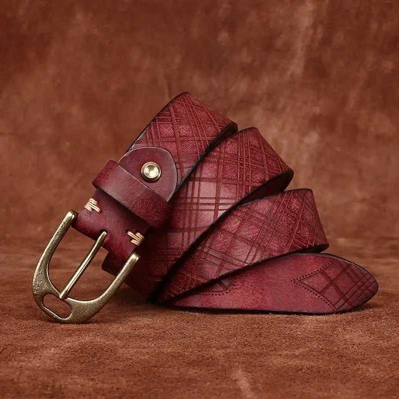 Maroon leather belt with a gold buckle from Assorted Embossed Leather Belts with Brass Buckles