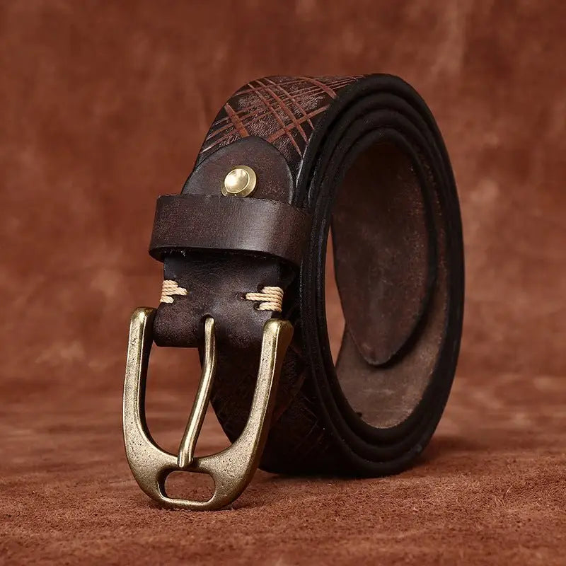 Brown leather belt with brass buckle from Assorted Embossed Leather Belts collection